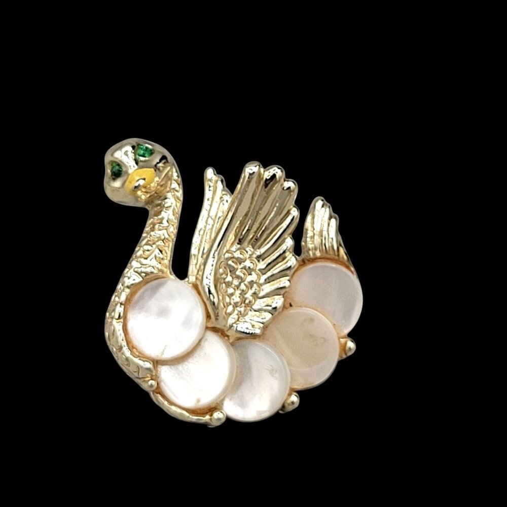 Mini Swan Brooch Pin Green Crystal Eyes Mother of Pearl Body Gold Tone Metal Vtg